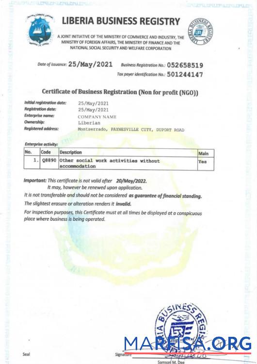 Printable Liberia Certificate of Business Registration download for verification